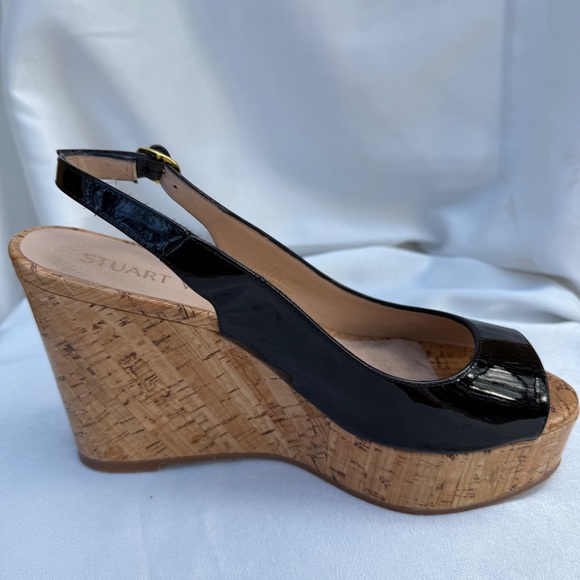 Stuart Weitzman Riveria Patent Leather Slingback Cork Platform Wedge Sandals 7.5 - Picture 9 of 13